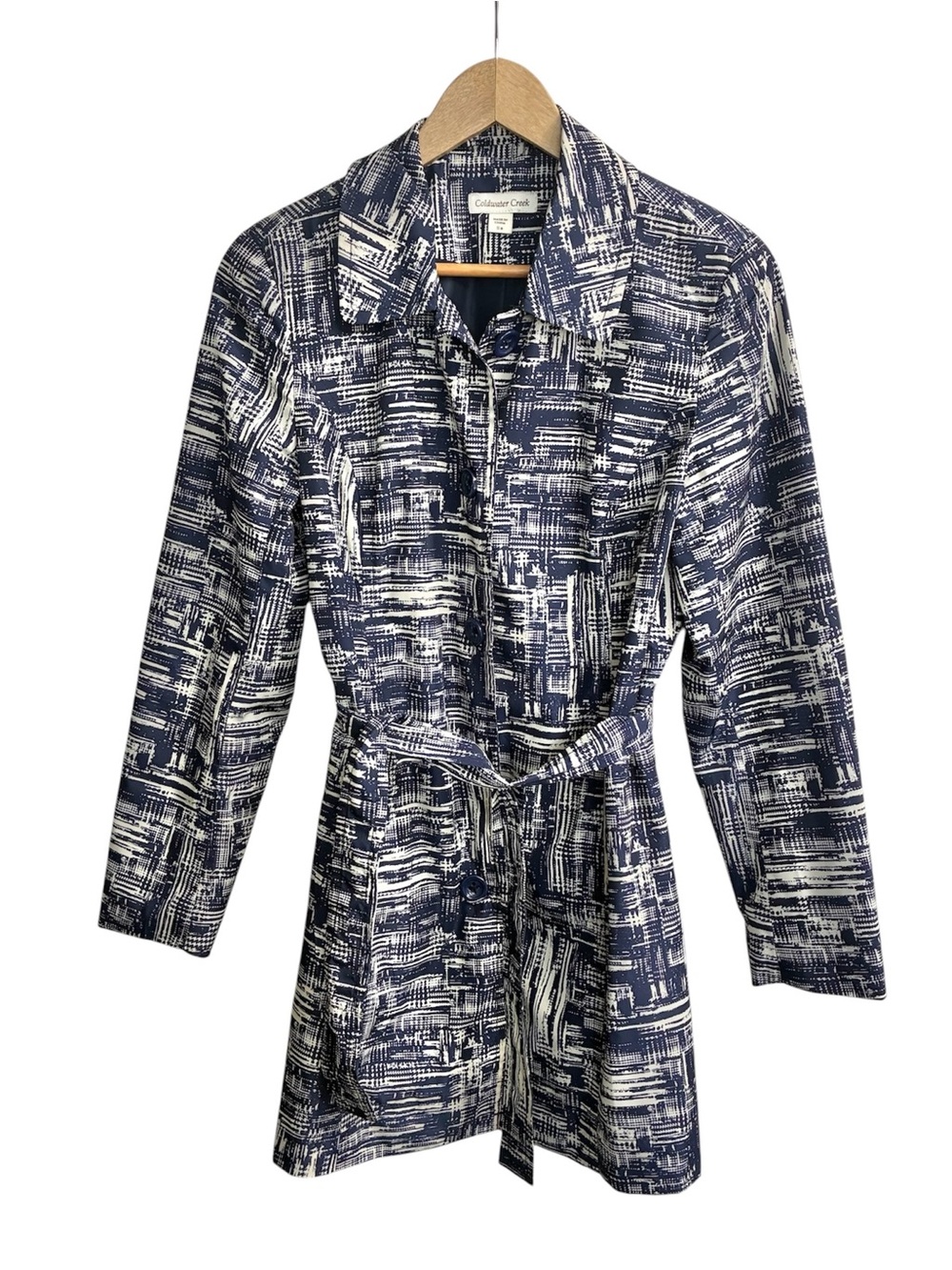 Coldwater Creek Womens Trench Coat Rain Jacket Size S 8 Navy Blue Geometric Belt